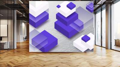 Blockchain concept banner. Isometric blocks, cubes connect with each other and form cryptochains. Wall mural