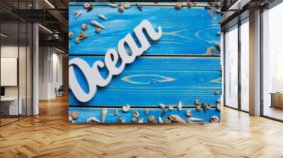 blue wood background, summer, beach Wall mural