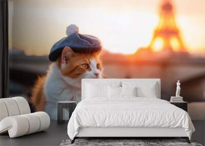 Ginger cat in beret in sunset, EIffel Tower on background. Generative AI Wall mural