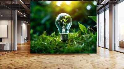 Light bulb with green plant, energy-saving and environmental illustration Wall mural