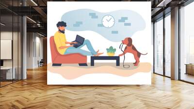 Man on sofa working from home with a laptop with dog. Flat vector illustration of young professional in yellow top. Concept for stay at home indoor job remote work during COVID-19 Wall mural