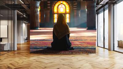 Muslim woman praying in mosque. Sunlight rays and haze through the window Wall mural