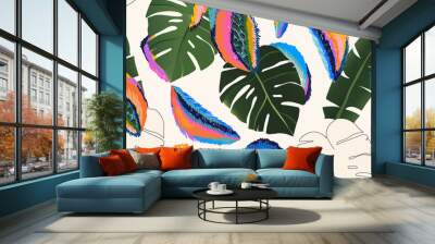 Bright modern monstera collage artistic print. Colorful contemporary seamless pattern. Hand drawn cartoon style. Wall mural