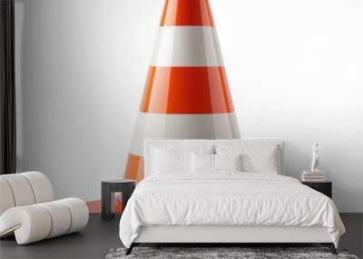 Bright orange traffic cone with white stripes on a plain white background. Generative AI Wall mural