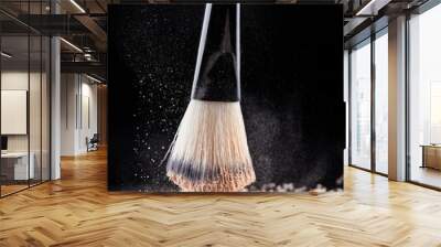 Makeup brush with loose cosmetic powder on black background. Wall mural