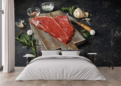 Raw beef steak with spices. Wall mural