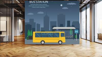 Bus at the bus stop on background of night city. Transport concept of passenger transportation.	 Wall mural