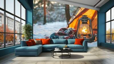 Camping area winter with tent composition background Wall mural