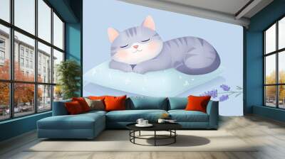 Cartoon cat is sleeping on a pillow with lavender flowers next to it Wall mural