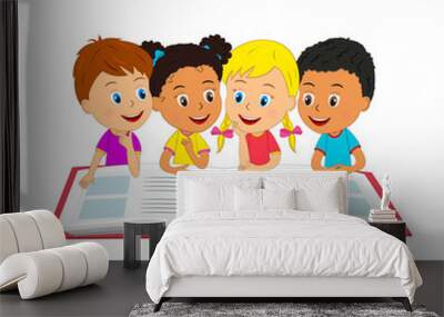 cartoon little kids read book, illustration, vector Wall mural