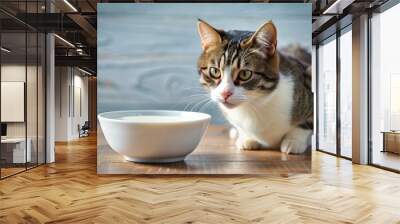 Cat curiously approaches bowl of milk on wooden table in cozy indoor setting. Generative AI Wall mural