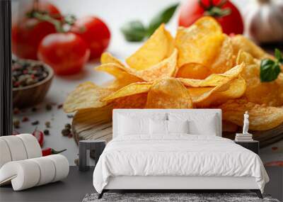 Chips potato wedges with ketchup, herbs isolated on white background, Image for cafe menu, Banner Wall mural