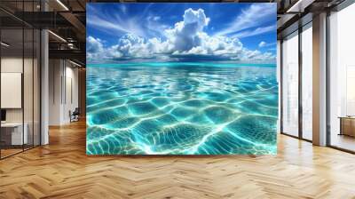 Clear turquoise water under a bright blue sky with fluffy white clouds at midday. Generative AI Wall mural