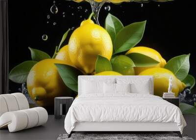 Close-up of falling lemons with visible water drops and leaves on dark background. Fresh tasty citrus fruits whole. Advertising banner concept. Selective focus Wall mural