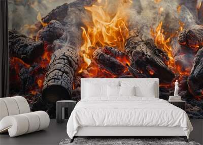 Close-up view of glowing embers and flames with charred logs in a warm, vibrant fire setting Wall mural