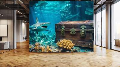 Closed treasure pirate chest on sea bottom underwater wallpaper background
 Wall mural