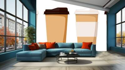 Coffee to go cup set isolated on white background. Disposable plastic and paper tableware for takeout hot drink - tea or coffee. Flat design cartoon cafe to go clipart element vector illustration. Wall mural