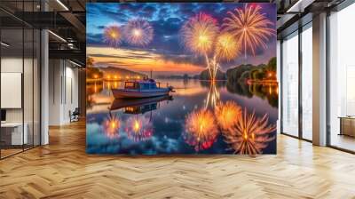 Colorful Fireworks Bursting Over a Serene River at Dusk With a Boat Docked Nearby. Generative AI Wall mural