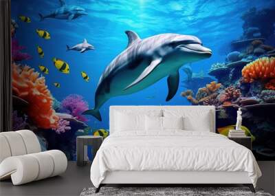 colorful tropical underwater theme with dolphins Wall mural