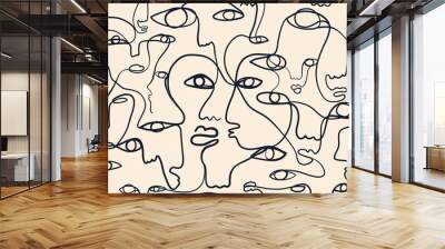 Continuous line, drawing of faces, fashion minimalist concept, vector illustration. Modern fashionable pattern. Wall mural