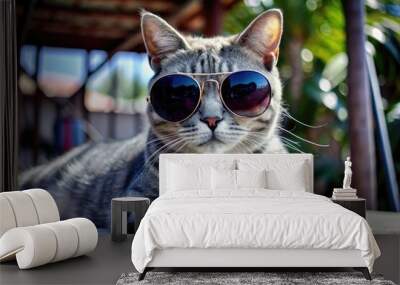 Cool cat in sunglasses relaxing on a vacation spot under the sun. Generative AI Wall mural