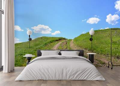 country track going up to the blue sky with white clouds Wall mural