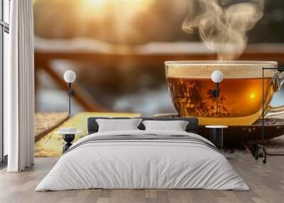 Cup of hot tea on winter background composition
 Wall mural