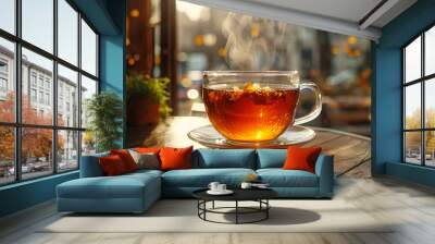 Cup of tea on the table in a cafe at sunset. Wall mural