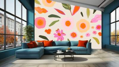 Cute hand drawn colorful artistic flowers print. Modern botanical pattern. Fashionable template for design. Cartoon style. Wall mural