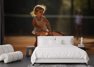 Cute little girl kid is playing tennis with a racket on a tennis court. Sport for children. Generative Ai technology. Wall mural