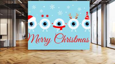 Cute smile eyeball with xmas accessories on Merry Christmas greeting card. White happy winter eye character in santa hat with deer horns photo props. Flat design cartoon style vector illustration. Wall mural