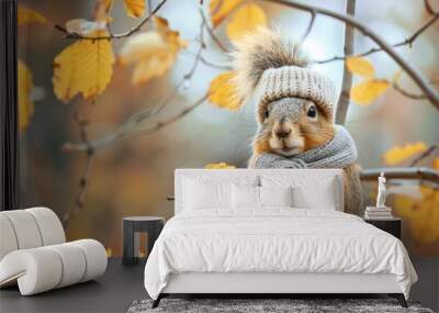 Cute squirrel animal wearing cozy warm clothes hat and scarf wallpaper background Wall mural