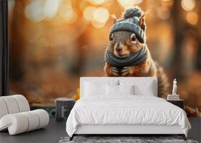 Cute squirrel animal wearing cozy warm clothes hat and scarf wallpaper background Wall mural