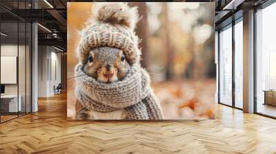 Cute squirrel animal wearing cozy warm clothes hat and scarf wallpaper background Wall mural