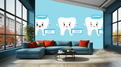 Cute teeth holds plate with open closed  24 7 text isolated on blue background. Flat cute design tooth boys dental emoticon for clinic work time. Vector cartoon dentistry characters illustration.  Wall mural