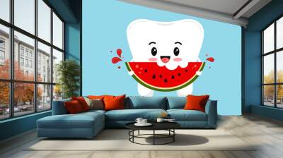 Cute tooth molar with watermelon piece in hand. Flat design cartoon smiling character vector illustration. Happy white tooth isolated on background. Children healthy food for teeth health concept. Wall mural