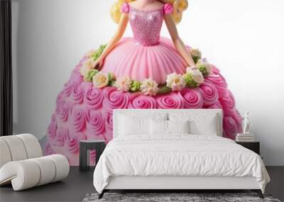 Decorative doll cake featuring a pink dress design on a white background. Generative AI Wall mural