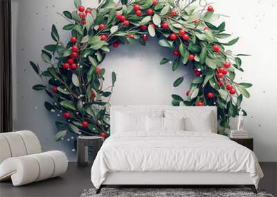 Decorative mistletoe wreath with red berries and green leaves on a light background Wall mural