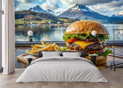 Delicious Burger With Fresh Ingredients Against a Scenic Mountain Backdrop in Adak Fast Foodrz. Generative AI Wall mural