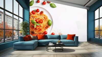 Delicious mouth-watering classic Italian spaghetti pasta with tomato sauce, parmesan cheese and basil on a plate on a light background. Top view Generative AI Wall mural