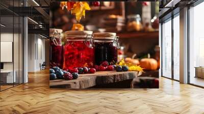 Different type of home made jam on wooden table and autumn leaves on background  Wall mural