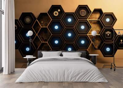 Digital artwork featuring hexagonal icons against a dark blue background at night. Generative AI Wall mural