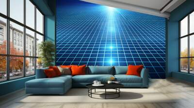 Digital grid background, glowing white mesh on dark blue surface, high-tech and minimalist, copy space Wall mural