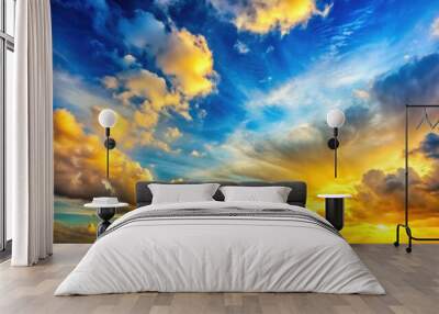 Dramatic cloudy sky at sunset with vibrant yellow and blue hues. Generative AI Wall mural