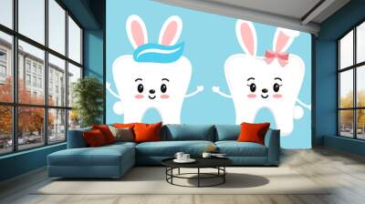 Easter bunny rabbit teeth dental icon set isolated. Dentist easter cute white tooth character with bunny ears and tail. Flat design cartoon vector kids dentistry clip art illustration. Wall mural