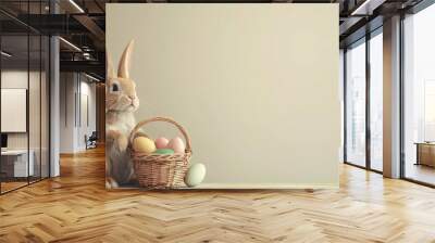 Easter bunny with a basket of eggs. A happy Easter bunny on a postcard on its hind legs with flowers. The cute hare Wall mural