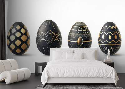 Easter eggs lying in a row with black and gold decor against a plain background. Flat lay, top view. Banner, card with place for text, religious holiday. Free copy space, illustration Wall mural