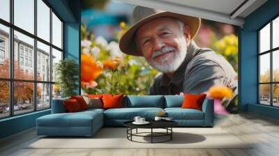 Eldery senior man relaxing in garden with flowers background
 Wall mural