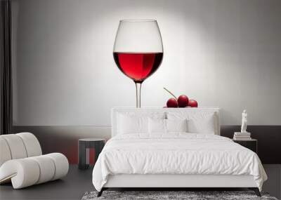 Elegant wine glass filled with red wine beside fresh grapes on a reflective surface Wall mural