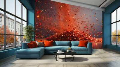 Exploding pile of red spices creating a vibrant cloud on a reflective surface Wall mural